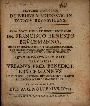Diatribe epist. de iuribus medicorum in ducatu Brunsvicensi