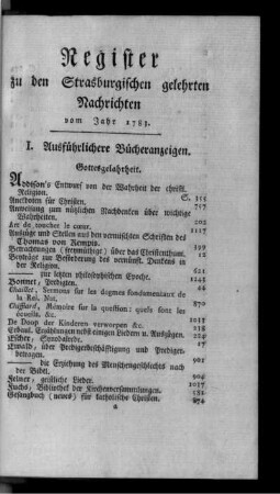 Register zu den Strasburgischen gelehrten Nachrichten vom Jahr 1783.