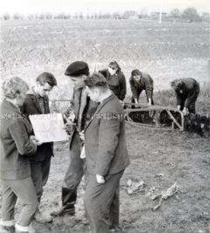 Lehrlinge der Betriebsberufsschule Jürgenstorf an einem Mähdrescher