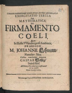 Exercitatio Tertia Eaq[ue] Mathematica, De Firmamento Coeli