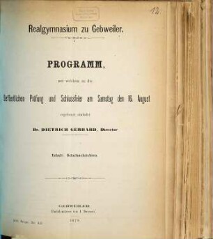 Programm : durch welches zu der öffentlichen Prüfung und Schlussfeier ... ergebenst einladet. 1878/79