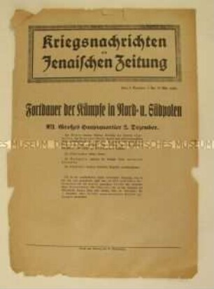 Nachrichtenblatt der "Jenaischen Zeitung" zum Kriegsverlauf an der West- und Ostfront
