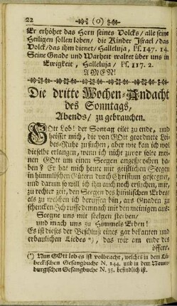 Die dritte Wochen-Andacht des Sonntags, Abends, zu gebrauchen.