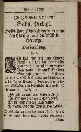Sechste Predigt. Holdseliger Abschied eines sterbenden Christen aus dieser Welt-Herberge.