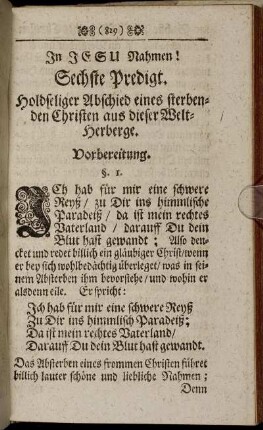 Sechste Predigt. Holdseliger Abschied eines sterbenden Christen aus dieser Welt-Herberge.