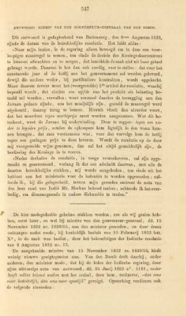 Antwoord hierop van den gouverneur-generaal van den Bosch