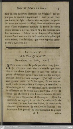 Lettre V. A la Comtesse de B * * *. Nuemberg. 22 Août, 1716