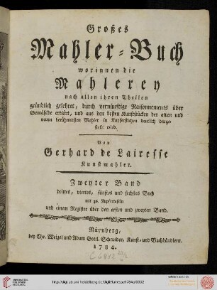 3./6. Buch: Des ... Gerhard de Lairesse ... grosses Mahler-Buch: worinnen die Mahler-Kunst ... gelehret, durch Beweißthümer und Kupfferstiche erkläret, auch mit Exempeln aus den besten Kunst-Stücken [...]