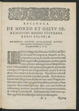 Epistola De Morbo Et Obitu Serenissimi Magni Stephani Regis Poloniae.