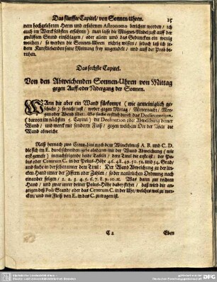 Das sechste Capitel. Von den Abweichenden Sonnen-Uhren von Mittag gegen Auff- oder Nidergang der Sonnen.