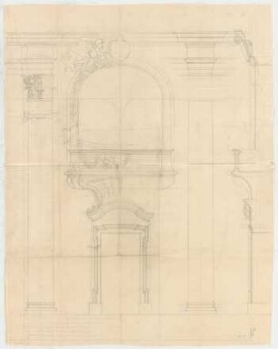Thiersch, Friedrich von; Ludwigsburg; Garnisonkirche - Dekorationsentwurf - Empore (Teilansicht, Schnitte, Details)