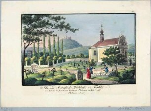Die Seume-Kapelle (mit Grabmal des deutschen Dichters Johann Gottfried Seume) auf der Straße "Lipová" in Teplitze (heute Teplice in Tschechien), Teil einer Reihe böhmischer Stadt- und Landschaftsansichen bei F. R. Naumann um 1830