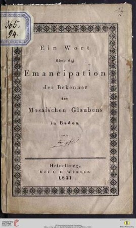 Ein Wort über die Emancipation der Bekenner des Mosaischen Glaubens in Baden