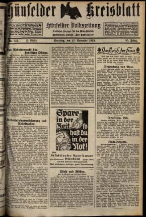 Zweite Ausgabe vom Samstag, den 23. November 1929.