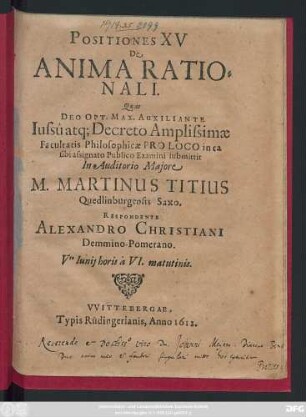 Positiones XV De Anima Rationali
