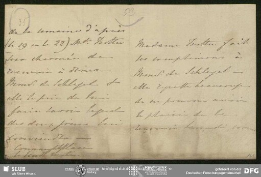 Eigenh. Brief von John Tottie an August Wilhelm von Schlegel, o.O., ohne Datumsangabe