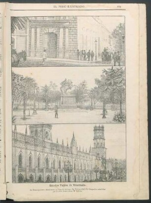 [Vistas de los] Estados Unidos de Venezuela. : [1.] La Municipalidad - [2.] Monumento y Plaza de Bolívar - [3.] La Universidad. (De fotografías remitidas por el señor doctor Jesús M. Bolívar.)