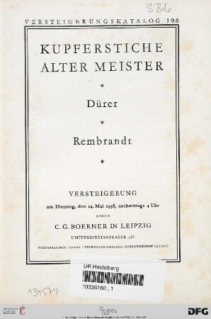 Kupferstiche alter Meister : Dürer, Rembrandt ; Versteigerung am Dienstag, den 24. Mai 1938 (Katalog Nr. 198)