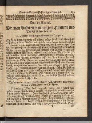 Das 19. Kapitel. Wie man Pasteten von jungen Hühnern und Tauben zubereiten soll.