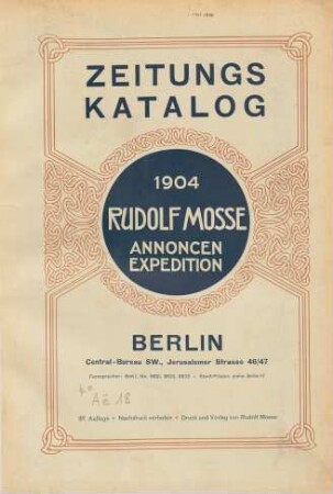 37. Auflage (1904): Zeitungskatalog Rudolf Mosse, Annoncen-Expedition / Annoncen-Expedition Rudolf Mosse <