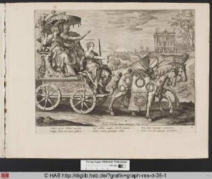 Sapientia, Iustitia und ein König auf einem Triumphwagen, dessen Zugpferden mit Kränzen und Geißelwerkzeugen geschmückt sind.