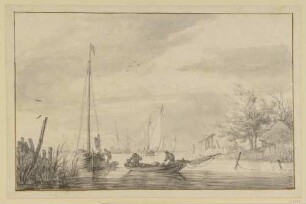 Flussmündung mit Fischerbooten und ausgelegten Reusen
