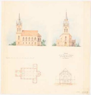 Kirche, Friedrichswalde: Grundriss, 2 Aufrisse, Schnitt, Maßstabsleiste