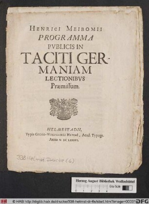 Henrici Meibomii Programma Publicis In Taciti Germaniam Lectionibus Praemissum