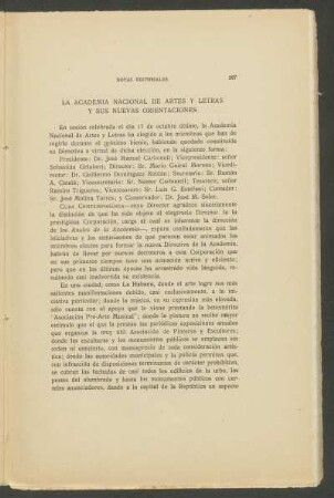La Academia Nacional de Artes y Letras y sus nuevas orientaciones