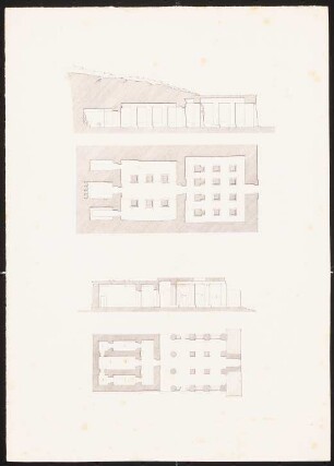 Felsentempel in Ägypten: Druck von Inv.Nr. 44895, wie 44896,1: Zwei Längsschnitte, zwei Grundrisse