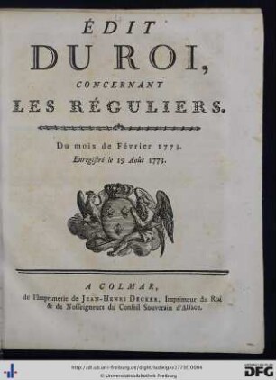 Édit Du Roi, Concernant Les Réguliers : Du mois de Février 1773. Enregistré le 19 Août 1773