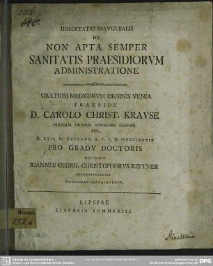 Dissertatio Inauguralis De Non Apta Semper Sanitatis Praesidiorum Administratione
