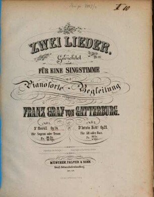 2 Lieder : gedichtet für 1 Singstimme mit Pianofortebegl. ; op. 14 u. 21, 1. S'Herz'l : für Sopr. oder Tenor ; op. 14. - 7 S.