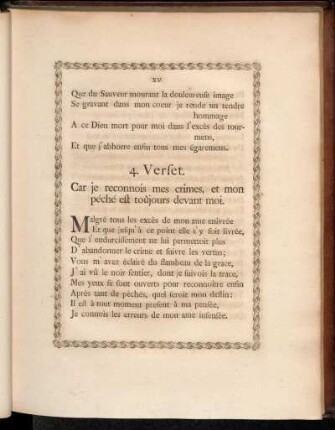 4. Verset. Car je reconnois mes crimes, et mon péché est toûjours devant moi.