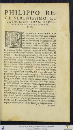 Philippo Regi Serenissimo Et Catholico, Ioan. Baptista Porta Neapolitanus S. D.