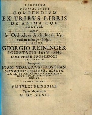 Doctrinae peripateticae compendium ex tribus libris de anima collectum