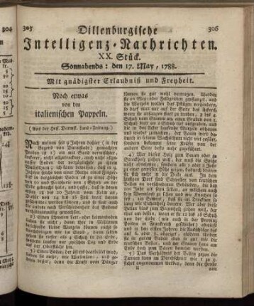 XX. Stück. Sonnabends : den 17. May, 1788.