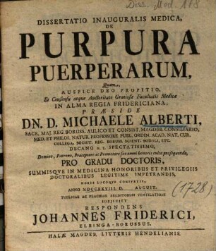 Dissertatio Inauguralis Medica, De Purpura Puerperarum