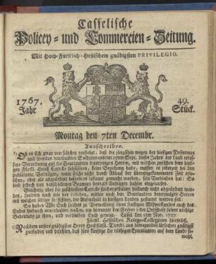 49. Stueck, Montag den 7ten Decembr. 1767