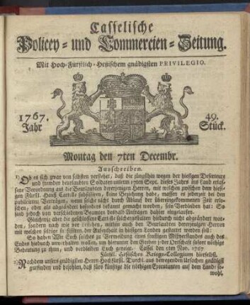 49. Stueck, Montag den 7ten Decembr. 1767
