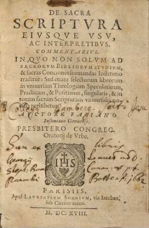 De Sacra Scriptura : eiusque usu Commentarius