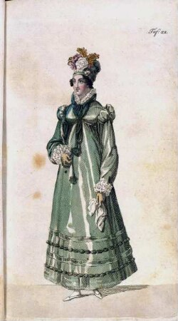 Biedermeier Mode aus: Journal für Literatur, Kunst, Luxus und Mode, Bd. 33, Jg. 1818 — Tafel 22: Dame mit grünem Kleid