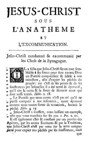 Jesus-Christ condamné & excommunié par les Chefs de la Synagogue.