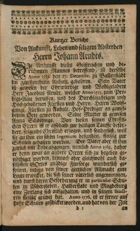 Kurtzer Bericht Von Ankunfft, Leben und seligem Absterben Herrn Johann Arndts
