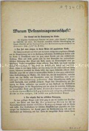 Sonderdruck der Halbmonatsschrift "Junge Kirche" zur Bekenntnisgemeinschaft der Evangelischen Kirche