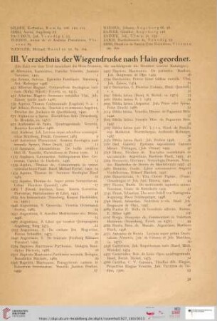 III. Verzeichnis der Wiegendrucke nach Hain geordnet