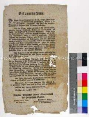Bekanntmachung des Königlich-Preußischen General-Gouvernements des Herzogtums Sachsen von Kurierberichten über die Schlacht bei Waterloo und die Flucht Napoleons I.
