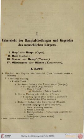 I. Uebericht der Hauptabtheilungen und Gegenden des Körpers