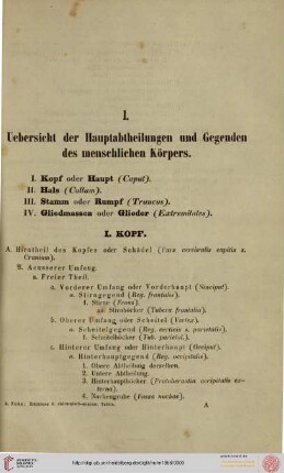 I. Uebericht der Hauptabtheilungen und Gegenden des Körpers