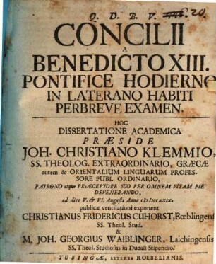 Concilii a Benedicto XIII. Pont. hodierno in Laterano habiti perbreve examen